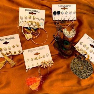 NWT SET OF 36 PAIRS OF EARRINGS BOHO CHIC STUD HOOP DANGLE GOLD SILVER TRENDING
